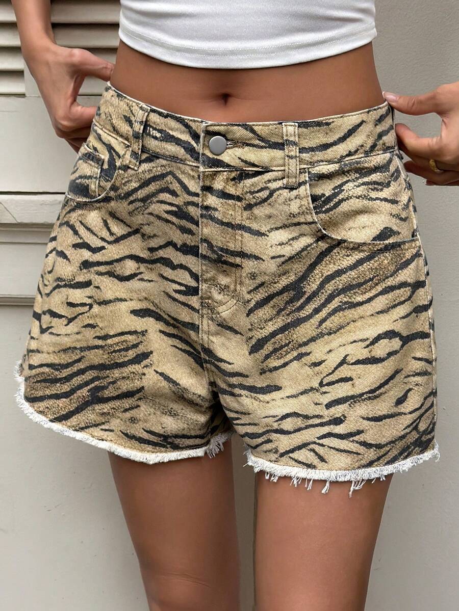 Livesso Quần short denim nữ kiểu dáng thường ngày, họa tiết da báo, có túi và cúc, gấu quần rách. - Màu Khaki - Xem 1