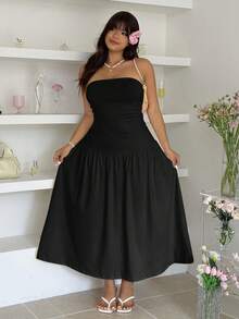 GalTyme Plus Size Summer Minimalist Solid Color Ruched Bandeau Dress - Black - View 4
