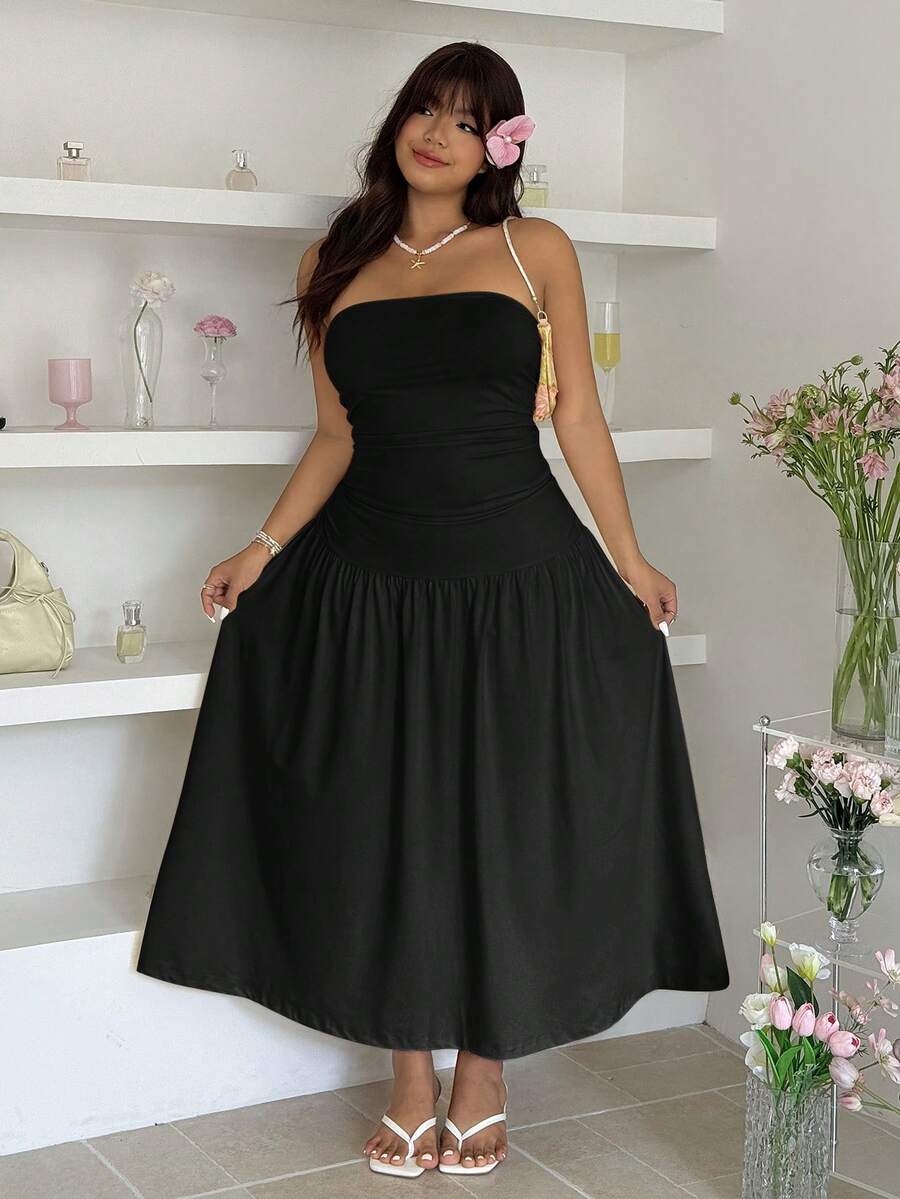 GalTyme Plus Size Summer Minimalist Solid Color Ruched Bandeau Dress - Black - View 1