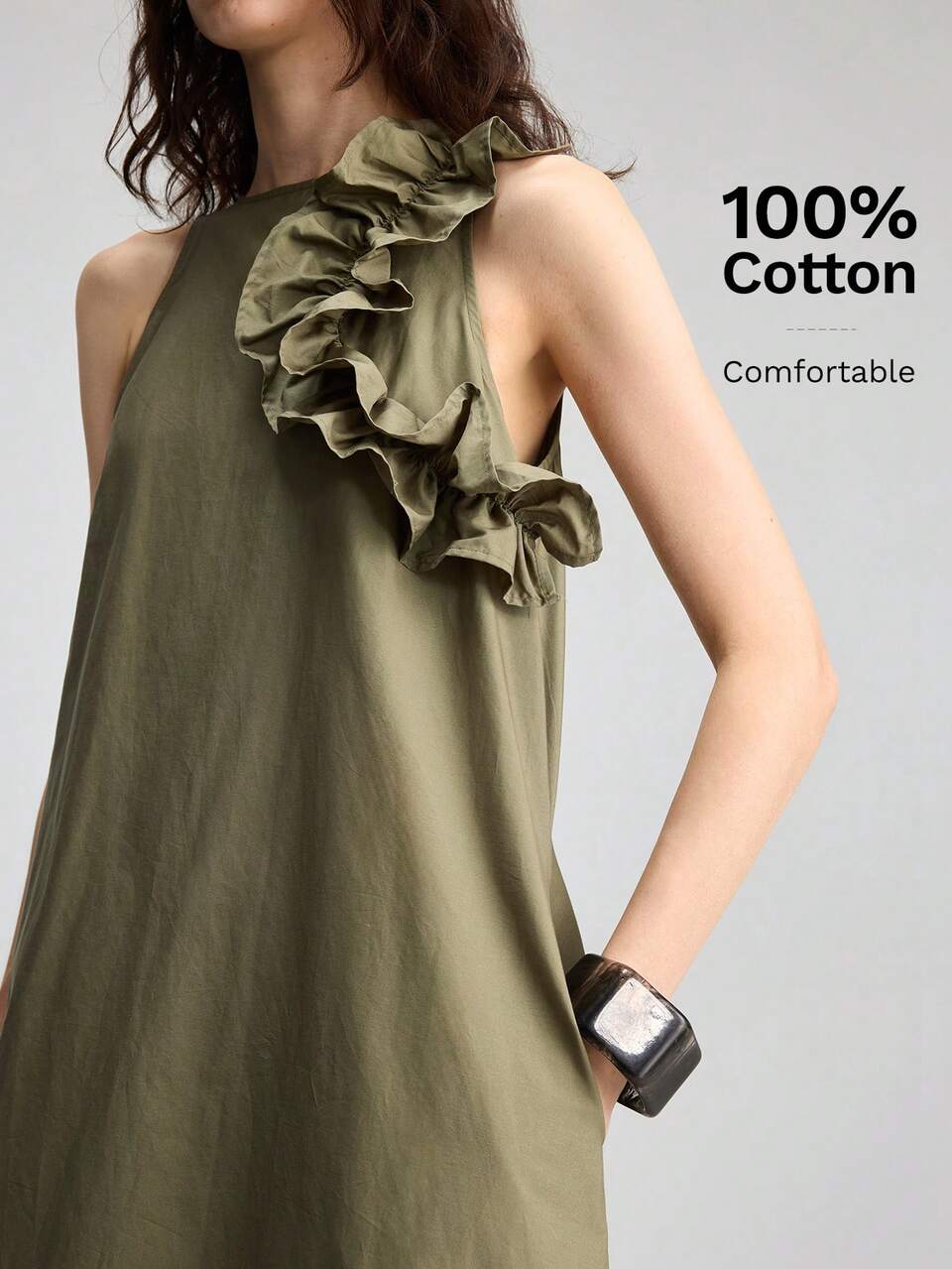 2026SS New Women's Long Dress Loose Fit Bestselling Solid Color Army Green Dress Minimalist Elegant Urban Modern Ruffle Design Layered Patchwork Split Line A-Line Skirt Outing Wear Vacation Outfit Holiday Attire Old Money Style Tea Party Independence Day Date Outfit Guest Attire Women's Office Wear Teacher Outfit Back To School Season Fashion Versatile