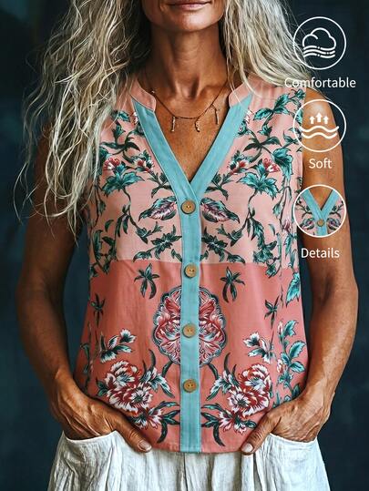 SHEIN Holidaya Elegant Casual Fashion Bamboo Texture Printed Button Decor V-Neck Blouse, Soft And Comfortable Fabric, Women's Summer Clothing, Beach Resort Wear, Country Style, Summer Holiday Outfit, Women's Casual Shirt, Summer Top, Graceful Women's Shirt
