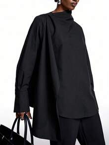 LYSMO 2026 New Minimalist Spring/Summer Women's Street Style Solid Color Long Sleeve Shirt, Black,Summer Top - Black - View 4