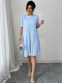 Elenzga Gaun Mini Wanita Elegan Romantis Longgar Warna Polos dengan Lengan Berlipat dan Motif Kelopak Bunga, Serbaguna untuk Musim Semi/Panas - Baby Blue - View 5