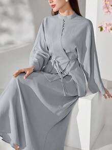 Al Najma 女士纯色纽扣设计长袖衬衫和中长裙优雅两件套 - 藍色 - 查看 3
