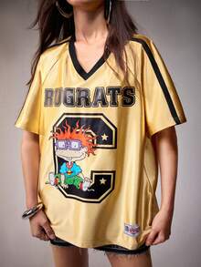 Nick 90s | SHEIN Women's V-Neck Raglan Short Sleeve Streetwear Country T-Shirt 90s Rave Concert Gold Summer - Light Yellow - View 4