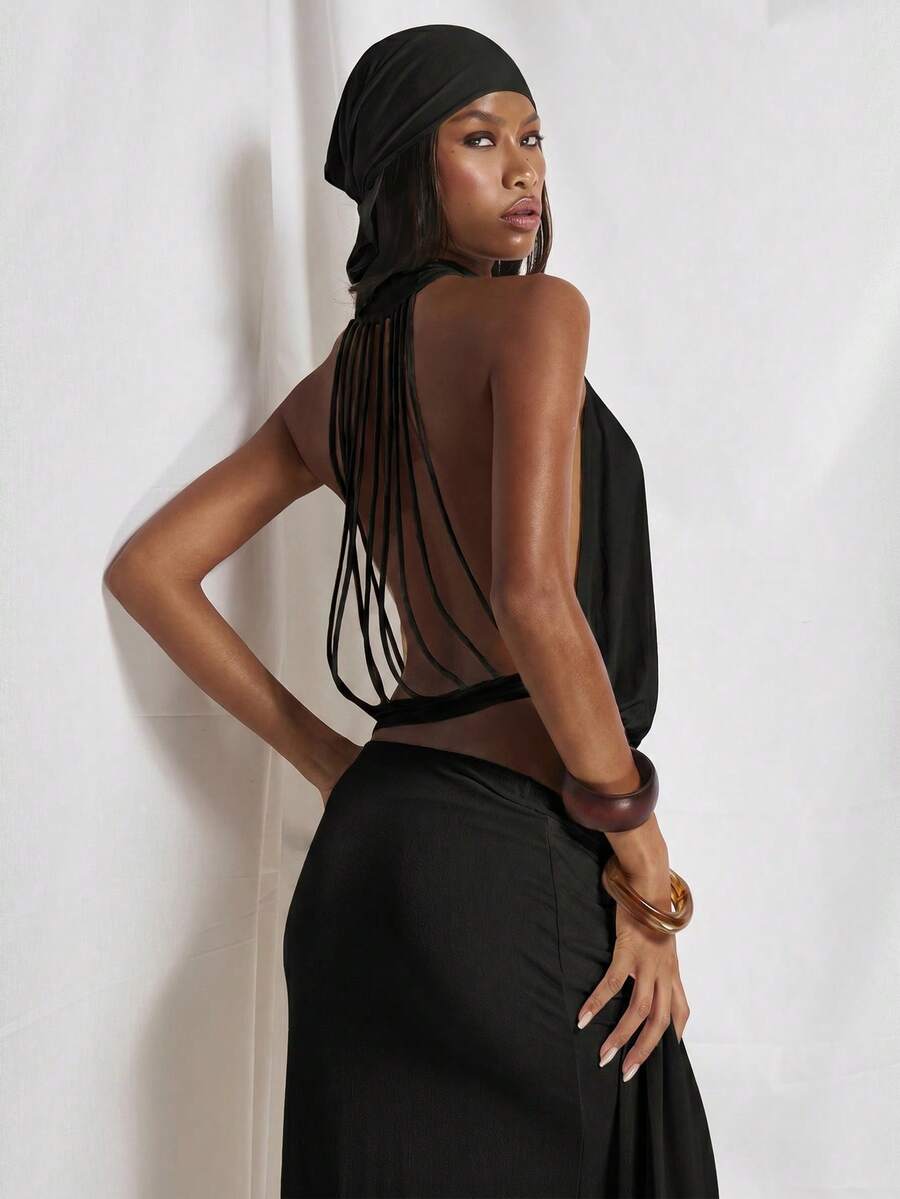 MUSERA High Neck Voluminous Ruched Waistband Panelled Open Back Top Cute Holiday Sexy Night Out Vacation Spring Summer Elegant Soleil Drape - Black - View 1
