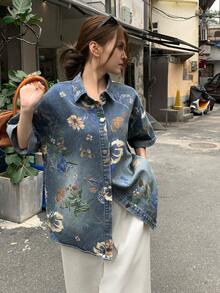 DAZY 女款花卉印花短袖單排扣休閒牛仔襯衫 夏季 - 藍色 - 查看 4