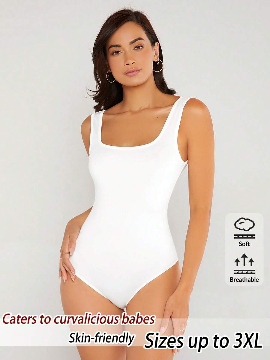 SHEIN BASICS 大码女式夏季休闲通勤简约纯色方领修身连体衣 - 白色 - 查看 1