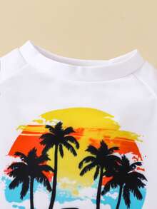 SHEIN Baby/Baby Boy Colorblock Cute Orange Palm Tree Print Long Sleeve Rash Guard & Shorts Swimsuit, Suitable For Beach, Vacation, Surfing, Baby Swimwear - Multicolor - View 4