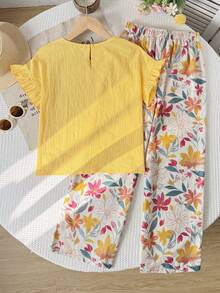SHEIN Tween Girls Woven Solid Color Flutter Sleeve T-Shirt & Ditsy Floral Pants Casual Outfit - Multicolor - View 2