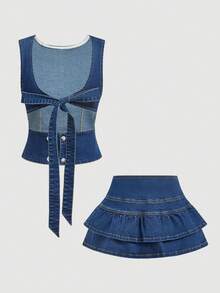 Sweetra Women's Denim Suit, Vintage Streetwear Y2k Navy Blue Washed Denim Set, Slim Fit Casual Daily Summer Holiday Versatile Outfit Going Out - Medium Wash - View 2