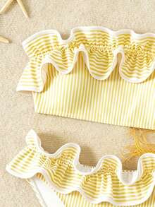Swim Vcay 2026 New Women's Summer Beach Vacation Basic Blue Striped Fabric Ruched Halter Backless Sexy Pleated Triangle Bikini Swimwear Set - Yellow - View 4