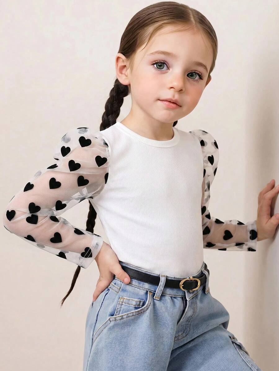 Young Girl Solid Color Round Neck Contrast Mesh Gigot Sleeve Casual T-Shirt - White - View 1