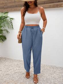 SHEIN Frenchy Pantalones casuales de talla grande con bolsillos y nudo en unicolor para vacaciones - Azul - Ver 5