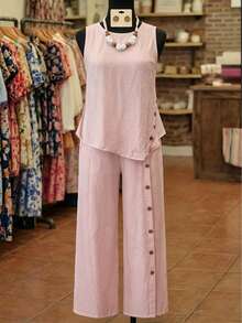 EMERY ROSE 2pcs Plus Size Textured Crew Neck Button Asymmetric Hem Top And Casual Pants Set Formal Vacation Pink Summer - Dusty Pink - View 1
