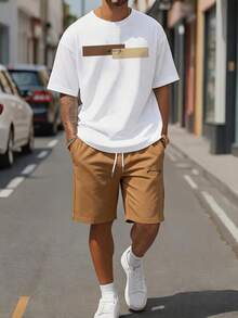 Sorvial Men's Minimalist Color Block Letter Print Brown T-Shirt And Shorts Set - Multicolor - View 1