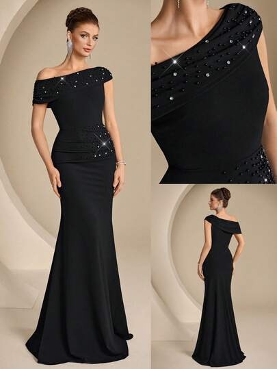 Coutiva Women's Rhinestone Embellished Off-Shoulder Formal Evening Gown Floral Lace Collar Flare Sleeve Elegant High-End Evening Gown, Luxury Elegant Party Dress Solid Color Square Neck Sleeveless High-End Evening Dress, Elegant And Luxurious Formal Gown Black Bodycon Dress Women's Slim Dress Sexy Curve Dress Black Dress For Women Shapewear Dress Long Black Elegant Dress Black Satin Dress Black Formal Evening Gown Black Dinner Dress Sexy Elegant Dress Black Backless Dress Satin Dress Elegant Graduation Ceremony, School Opening, Music Festival, Birthday Party, Wedding, Afternoon Tea Gathering, Ball Ceremony Dress Wedding Vacation Party Holiday Dresses