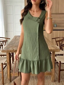 Elouméa Gaun Mini A-Line Wanita dengan Kerah Asimetris, Kancing, Kain Bertekstur, dan Hem Bergelombang, Kasual untuk Liburan Musim Panas - Hijau Tentara - View 5
