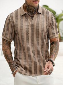 Manfinity CasualCool Áo polo nam cổ chữ V dệt kim sọc dọc, chất liệu jacquard, thích hợp mặc hàng ngày, quà tặng cho chồng/bạn trai. - Màu Khaki - Xem 1