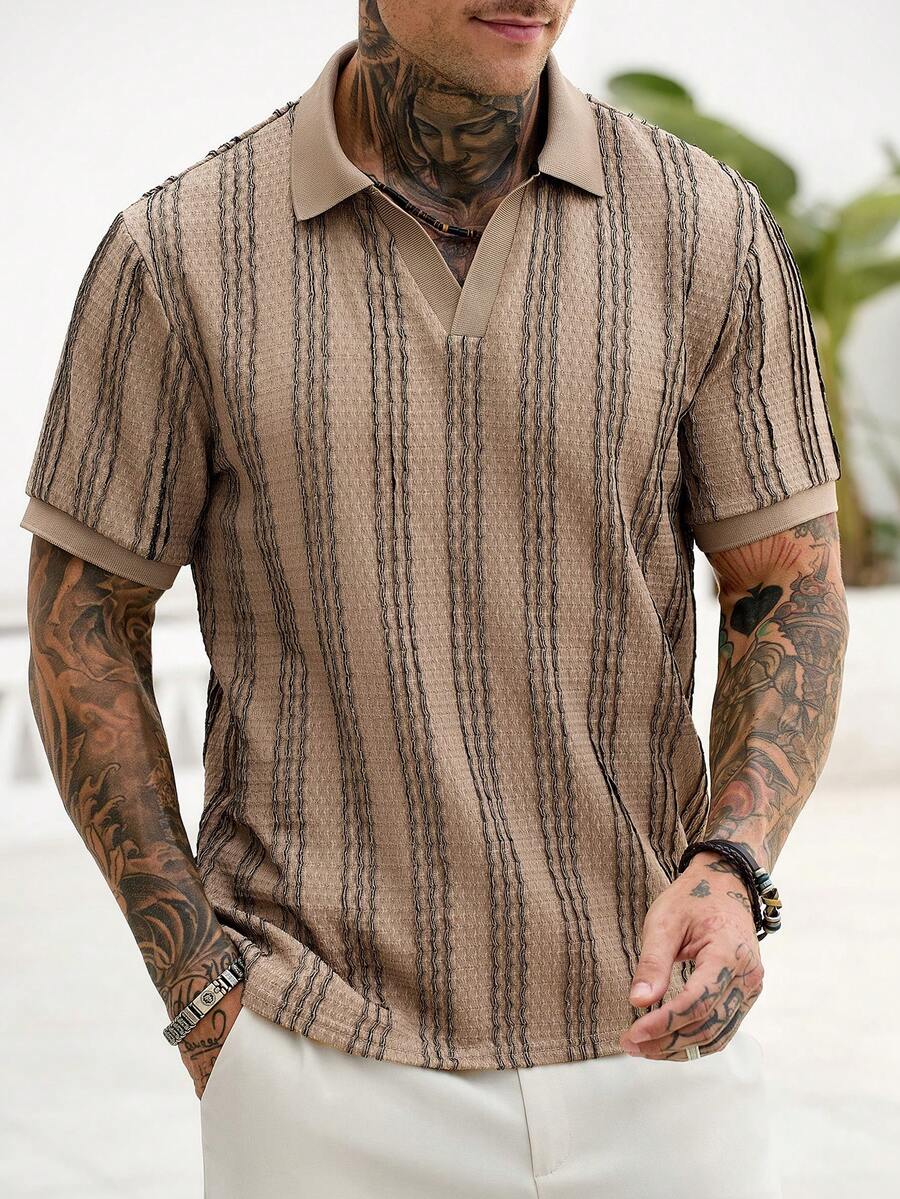 Manfinity CasualCool Áo polo nam cổ chữ V dệt kim sọc dọc, chất liệu jacquard, thích hợp mặc hàng ngày, quà tặng cho chồng/bạn trai. - Màu Khaki - Xem 1
