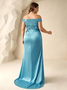 Coutiva Gaun Malam Formal Patchwork Payet Leher V Ukuran Besar (Hiasan Mewah) - Baby Blue - View 2