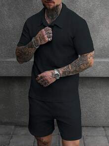 Manfinity Homme Men's Textured Loose Fit Short Sleeve Casual Polo Shirt Set - Black - View 3