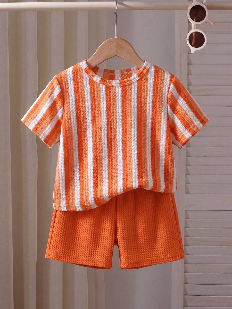 Souflis Souflis Young Boy Summer Beach Vacation Colorblock Striped Print Textured Fabric Short Sleeve T-Shirt And Waffle Fabric Shorts Set - Orange - View 1