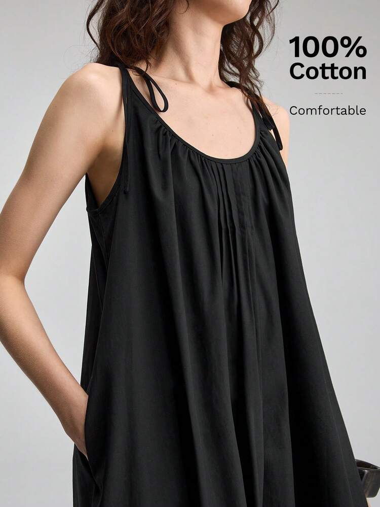 Women's Solid Color Pleated Pocket Sleeveless Midi Casual Dress