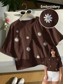 GalTyme Plus Size Chocolate Brown Floral Embroidery Round Neck Short Sleeve T-Shirt - Chocolate Brown - View 1