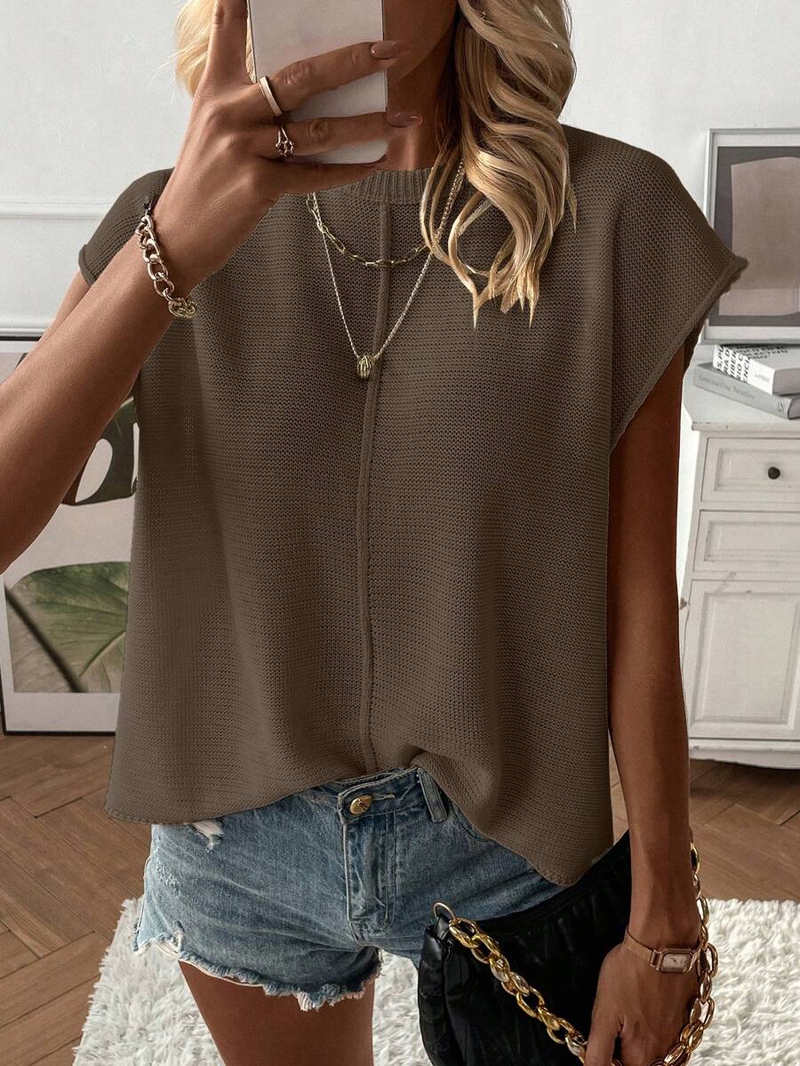 EMERY ROSE Women's Casual Commuting Minimalist Solid Color Cap Sleeve Loose Knit Sweater Vest - Mocha Brown - View 1