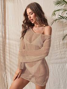 Swim Chiccia Solid Color Hollow Out Knit Backless Sheer Cover Up - Dusty Pink - View 4