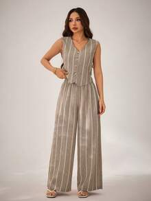 SHEIN PETITE Women's Beige Summer Casual Striped 2 Pieces Set,French Retro Sleeveless Button Front Tank Top And Wide-Leg Pants,Vacation Holiday Beach Party Outfit - Khaki - View 5