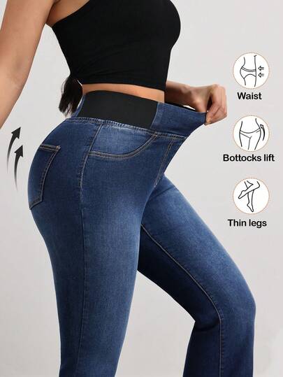 VARSIVA VARSITIE Women's High Waist Wide Waistband Stretchy Knit Flare Jeans, Casual Sports Comfort & Everyday Pants For Women
