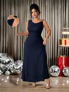Elenzga Vestido Assimétrico de Cintura Marcada com Decote Assimétrico, Ombros Assimétricos, Decoração Metálica, Sem Mangas, Bainha Irregular em Retalhos, em Tecido Macio e Elástico de Malha Plus Size, Elegante para Passeios, Encontros, Festas e Uso Diário - Azul Marinho - Visão 7