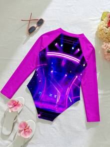 Traje de baño de una pieza de manga larga para niñas preadolescentes con estampado de personajes de grupos de chicas K-POP luminosos y unicolor, para playa, piscina y deportes acuáticos de verano - Multicolor - Ver 2