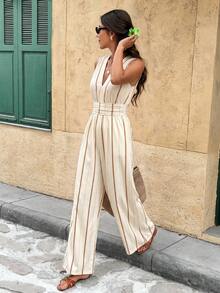 SHEIN Frenchy Bộ áo liền quần nữ cổ chữ V kẻ sọc kiểu dáng thường ngày - Màu be - Xem 3