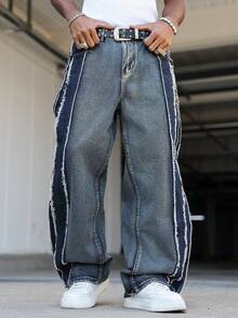 Manfinity EMRG Men's American Fashion Street Casual Street Wear Distressed Loose Fit Washed Denim Jeans Back-To-School Graduation Navy Blue Summer - Blue - View 3