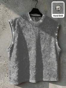 Manfinity EMRG Men's Casual Streetwear Loose Sleeveless Top, Street Style With Handcrafted Rhinestone Embellishment Rave Grey Summer - Grey - View 1
