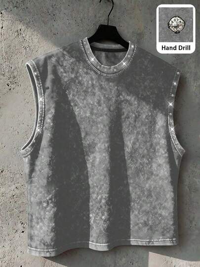 Manfinity EMRG Men's Casual Streetwear Loose Sleeveless Top, Street Style With Handcrafted Rhinestone Embellishment Rave Grey Summer