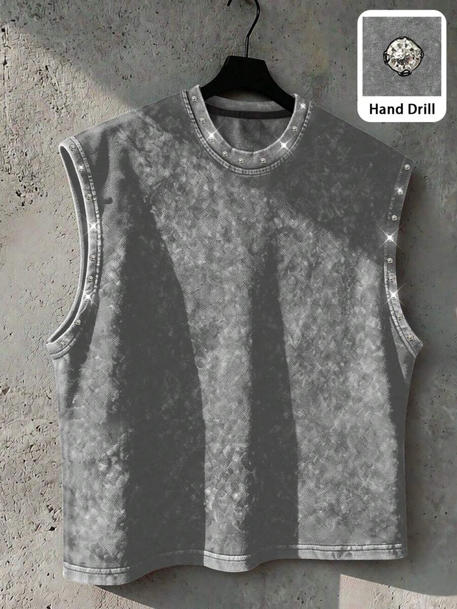 Manfinity EMRG Men's Casual Streetwear Loose Sleeveless Top, Street Style With Handcrafted Rhinestone Embellishment Rave Grey Summer - Grey - View 1