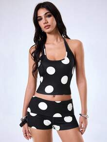 Y2Kool Vecteezy Set di top corto e pantaloncini a pois con colori a contrasto in stile Y2K, abbigliamento casual da strada adatto per donna, ideale per feste, vacanze, spiaggia, festival musicali e uso quotidiano in primavera/estate - Bianco e nero - Visualizzare 3