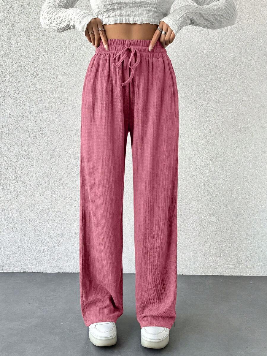 EURMUSE Elastic Waist Drawstring Design Wide-Leg Casual Pants For Women - Dusty Pink - View 1