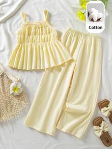 SHEIN Elladie kids Young Girl Cute Ruffle Camisole And Casual Pants Set - Yellow - View 1