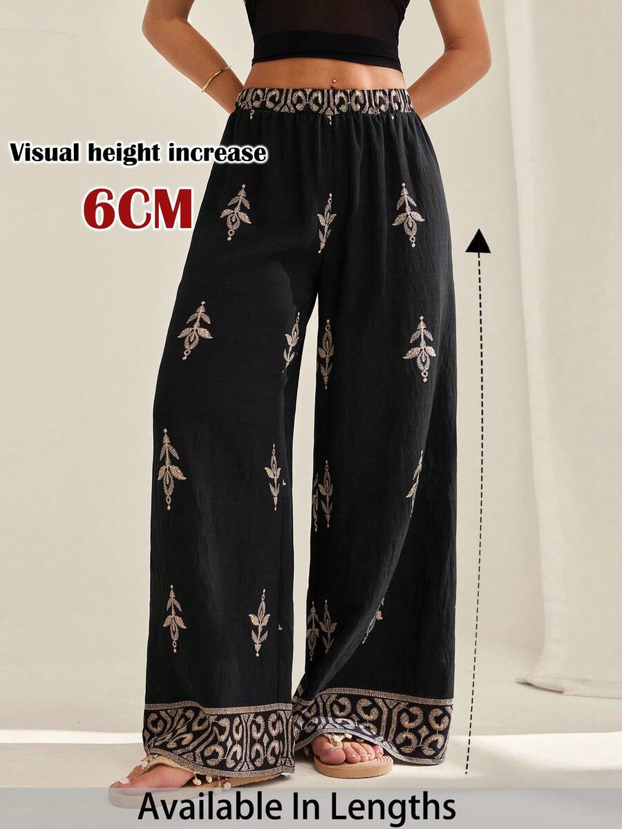 SHEIN PETITE CURVE Quần ống rộng in họa tiết phong cách Bohemian dành cho nữ cỡ lớn, món đồ không thể thiếu cho mùa hè. - màu đen - Xem 1