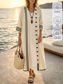 Isle Nomé Jaket Tipis Kasual Wanita Motif Putih Asimetris untuk Berenang di Musim Gugur - Aprikot - View 6