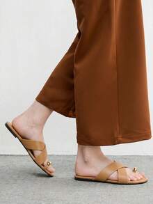 CUCCOO BIZCHIC Ladies' Elegant Summer Camel PU-Faced Flat-Bottomed Slippers - Camel - View 3