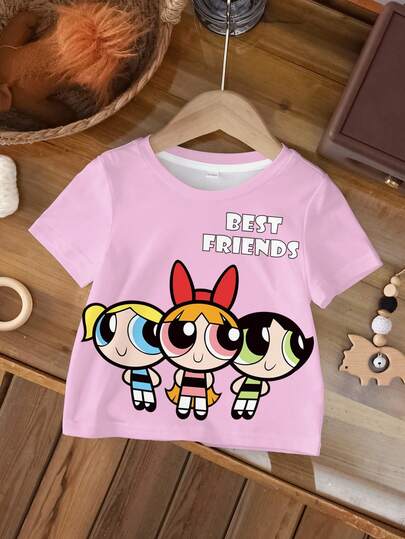 THE POWERPUFF GIRLS X SHEIN Baby Girl Casual Cartoon Print Top, Summer