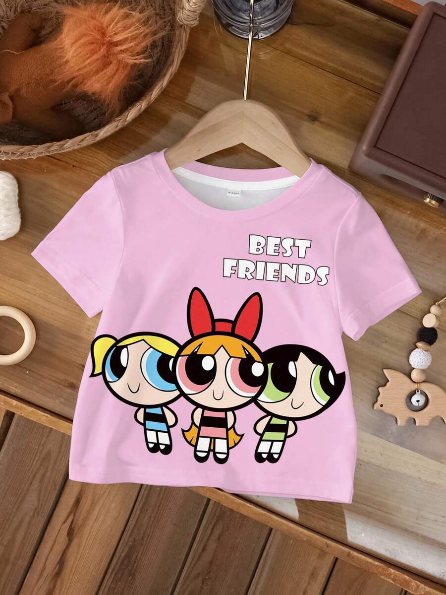 THE POWERPUFF GIRLS X SHEIN 女婴休闲卡通印花上衣，夏季 - 白色 - 查看 1