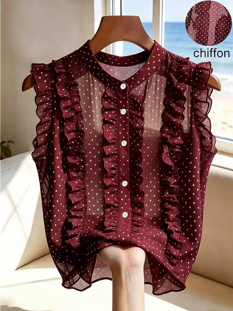 Franclia Women's Black Polka Dot Chiffon Blouse, Elegant Romantic Ruffle Hem - Red Violet - View 1