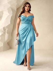 Coutiva Gaun Malam Formal Patchwork Payet Leher V Ukuran Besar (Hiasan Mewah) - Baby Blue - View 3